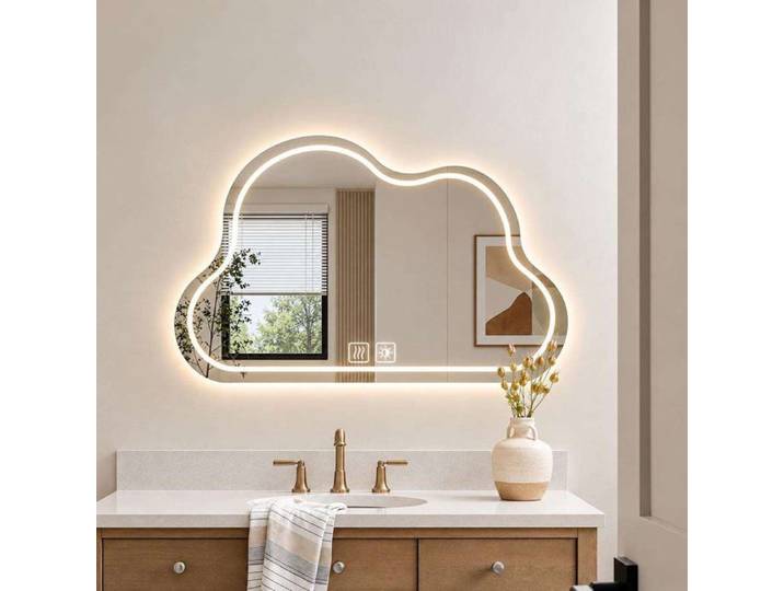 Miroir Salle de Bain Asymetrique LED 60x80CM Miroir de Maquillage Lumiere Tricolore Luminosite Reglable Anti-buee Forme de Nuage