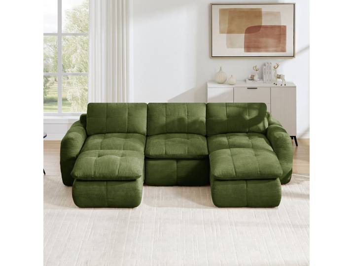 BBWL Sofa rahmenlos, Chenille, 32D-Hochdichtschaum, 2 Ottomanen, flexibel, 3-Sitzer U-förmiges Modulsofa, montagefrei