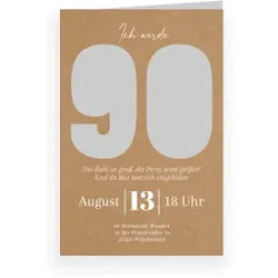 Einladungskarte 90. Geburtstag: Ausgestanzte 90 mit Fotos in Kraft Look