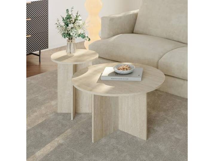 [en.casa] Beistelltische für Wohnzimmer 2er Set Verummetka Couchtisch rund Wohnzimmertische klein Sofatische Travertin