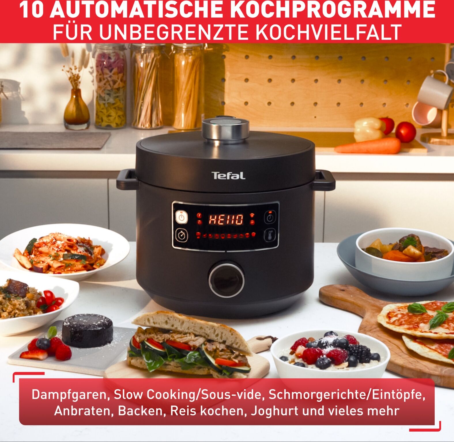 Tefal Multikocher "Turbo Cuisine inkl. Dampfgareinsatz, Messbecher, Reislöffel und Kelle", schwarz, B:31cm H:28,7cm T:33,6cm, Küchenmaschinen, elektr. Schnellkochtopf, 10 aut. Programme, 1-Knopf-Bedienung, CY7548, Multikocher schwarz Einheitsgröße