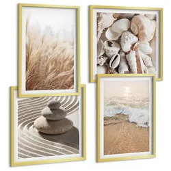 BILDER SET 4er Set - 50x50 cm & 40x60 cm Goldrahmen - Strandmotive, Muscheln, Wellen