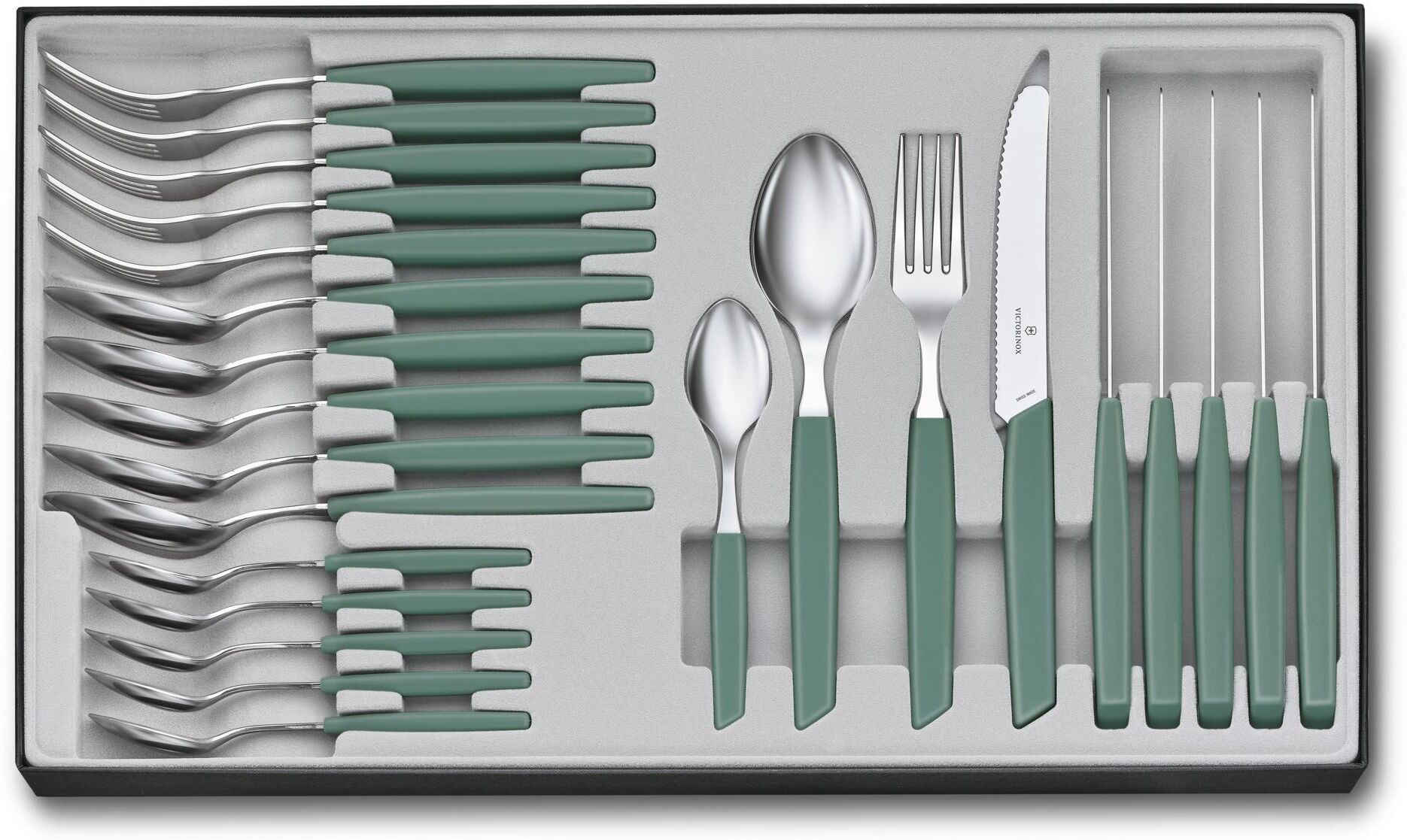 Besteck-Set VICTORINOX "Swiss Modern 24-teilig", grün (sage grün), 24 Stk., Edelstahl, Essbesteck-Sets, Besteck-Set, Zeitloses 24-teiliges Set mit modernen Kunststoffgriffen sage grün 24 Stk.