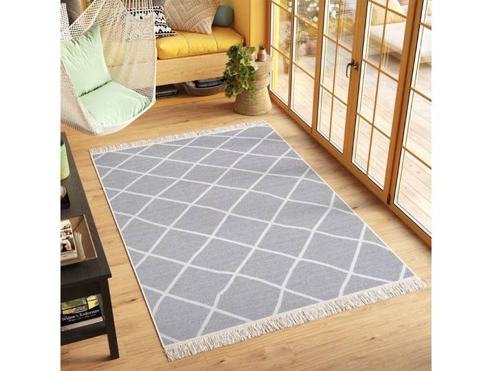 TAPISO Azteca Tapis de Salon Tissage Plat Coton Franges Lavable Losanges 100% Coton 80 x 200 cm
