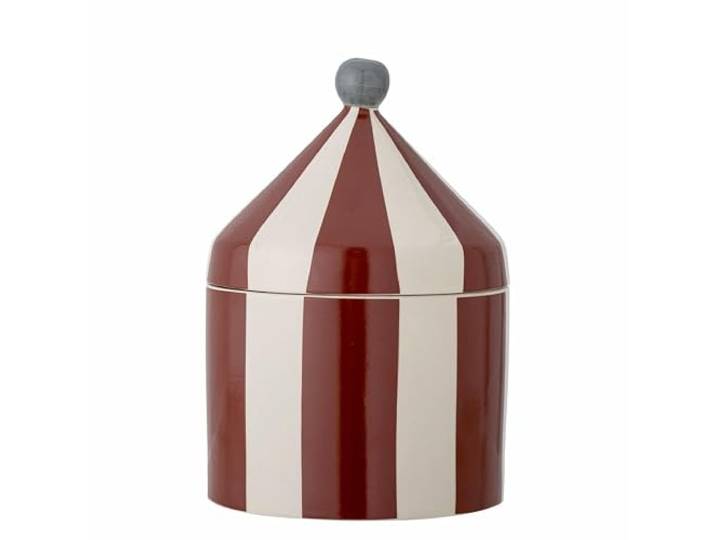 Bloomingville Mini pot Cimmi avec couvercle\, 1150 ml\, en grès\, motif tente de cirque\, rayures rouges et blanches\, passe au lave-vaisselle et au micro-ondes