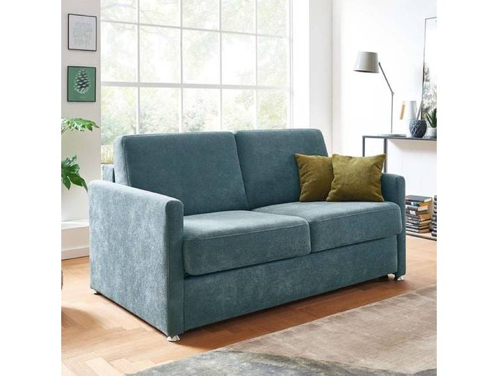 Schlafsofa Tullia Webstoff/Velours mit Lattenrost Kunstfaser 86x176x97cm Blau klappbar modern