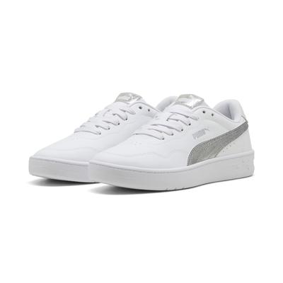 Sneaker PUMA "Court Lally Metallic Whisper Sneakers Damen", Damen, Gr. 35,5, weiß (weiß silber metallic), Obermaterial: Textil, Synthetik. Futter: Textil. Innensohle: Textil. Laufsohle: Gummi, Schuhe Sneaker