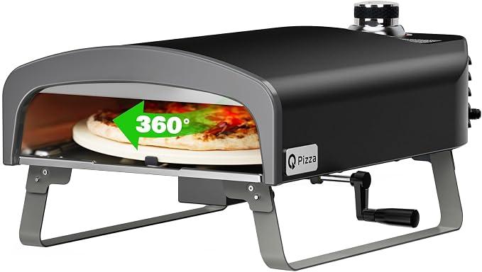 Q Pizza Gas Pizzaofen mit Manueller Drehfunktion, 500 Grad Pizza Grill für Outdoor Garten mit ?33 cm Pizzastein, Backen Sie Pizza auf Profi-Niveau in Ihrer Kontrolle