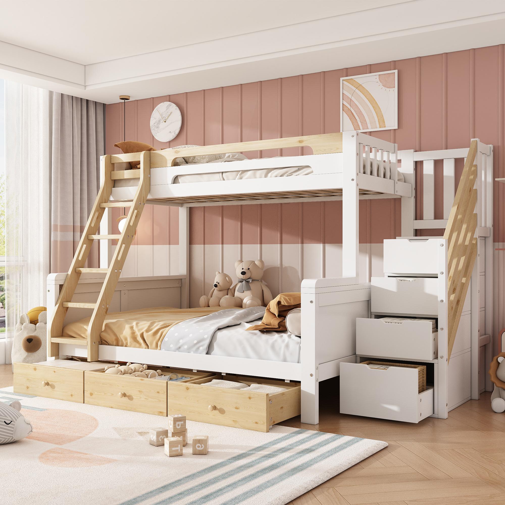Merax Etagenbett 90x200/140x200cm aus Holz mit Stauraumtreppe, Kinderbett mit Leiter und 3 Schubladen, Sicherheitsgeländer Familienbett, Weiß+Natur