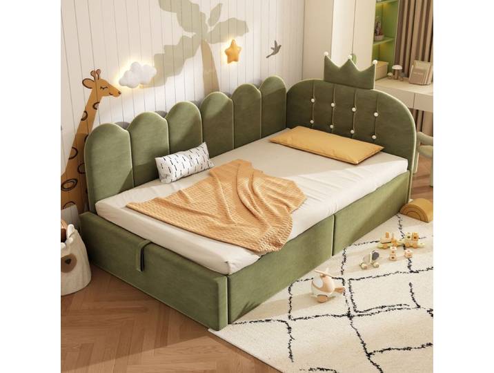 Bladez - Lit coffre 90x200 cm lit enfant lit simple avec hydraulique design couronne et grille velours pour enfant - vert