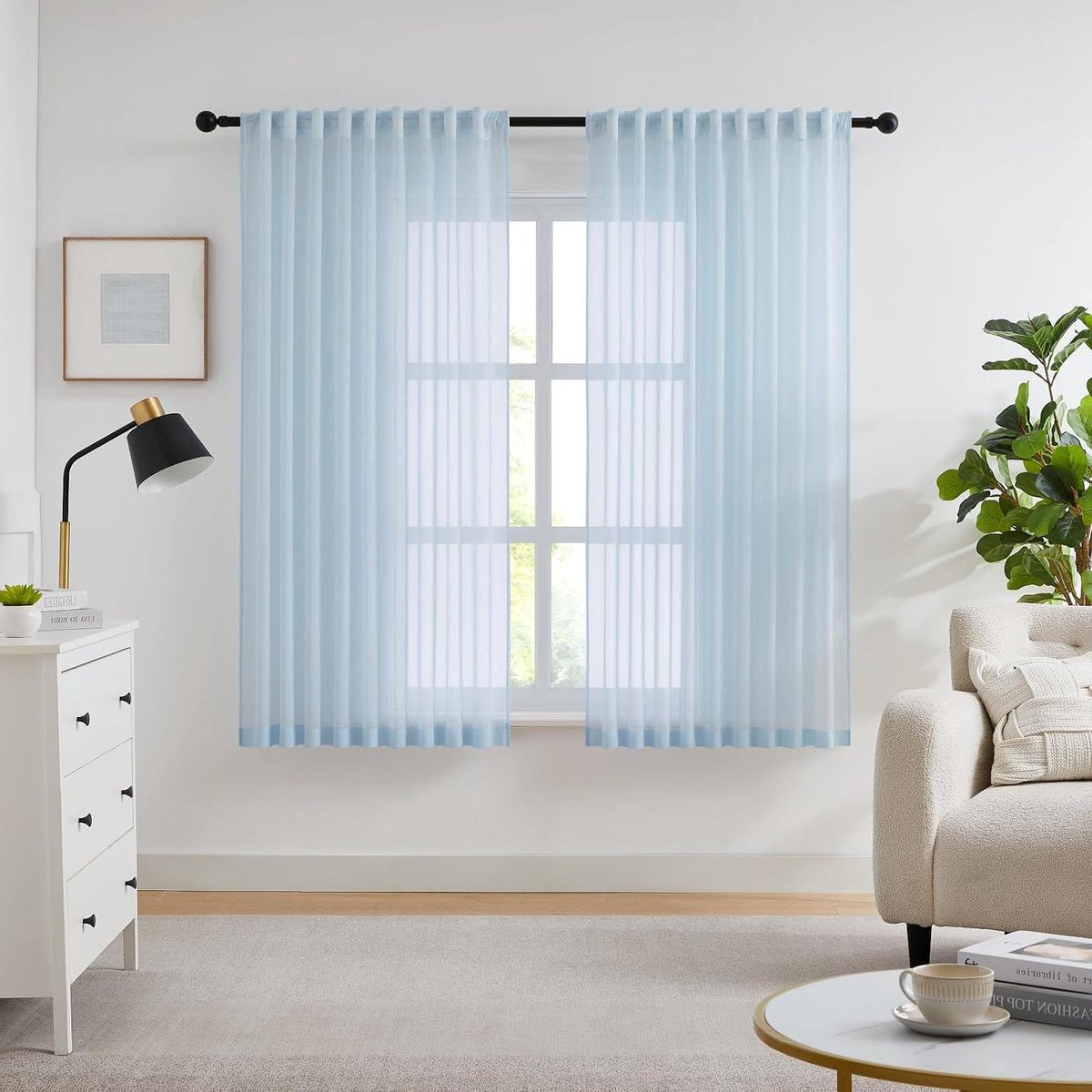 Set van 2 kreukvrije chiffon schuifgordijnen in hemelsblauw voor raamdecoratie, 210 x 137 cm