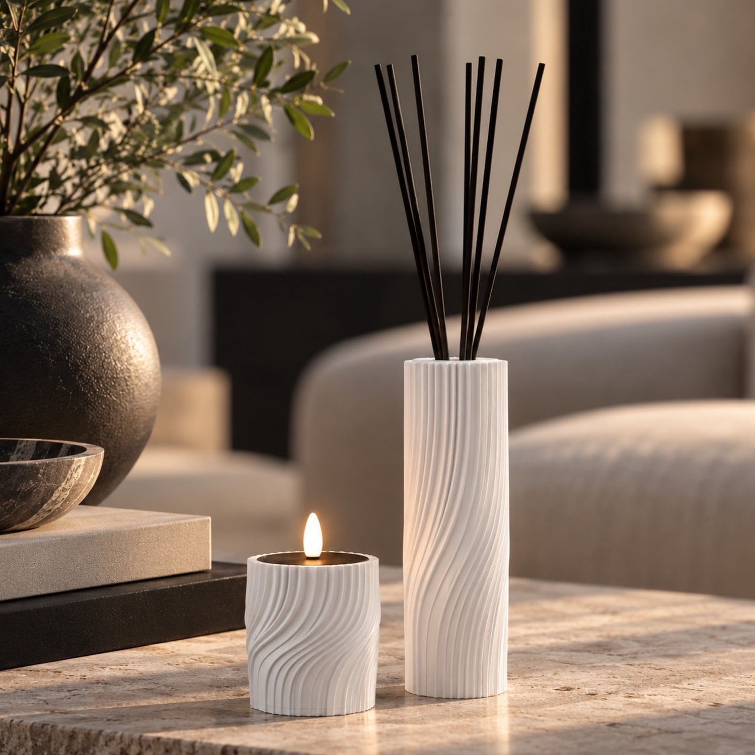 Giftset Infinity Wit met Geurstokjeshouder, LED Kaars en Luxe Huisparfum in de geur Cozy Plaid