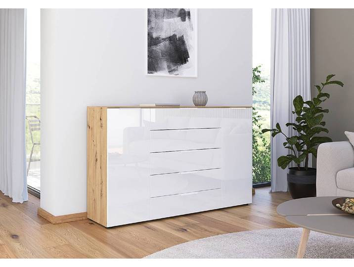 Buffet Flipp en verre type A 160cm Marron/Blanc/Imitation chêne Artisan