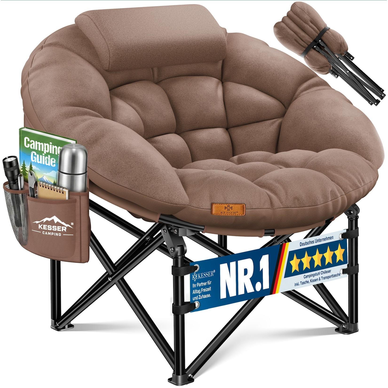 KESSER® Campingstuhl Chillexer faltbar 150 Kg Klappstuhl ultraleicht und breit, dickes Polster mit bequemen Kissen und Seitentasche, Cover, Outdoor + Indoor - rund, Camping, Angeln, Festival, Strand