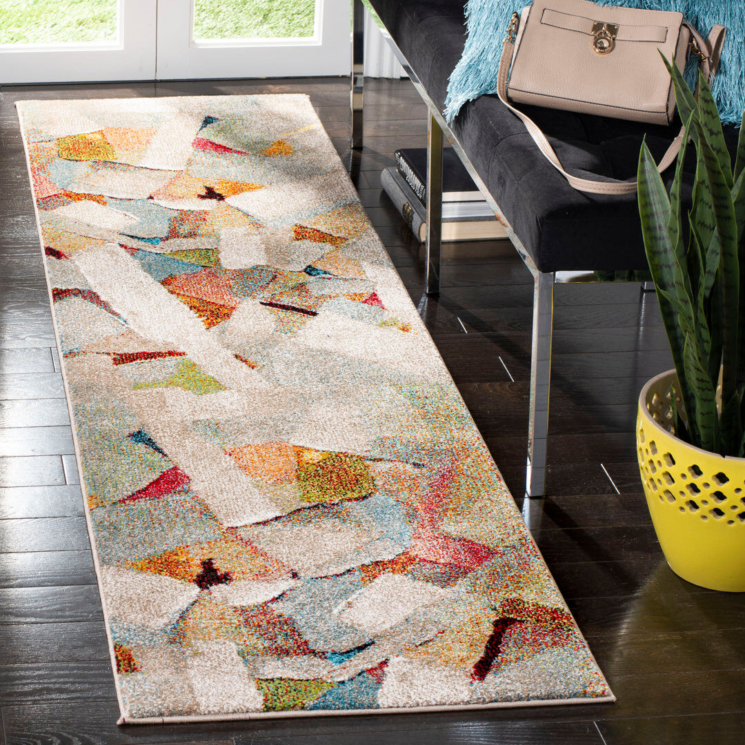 Ivy Bronx Geometric Shapes Area Rug Grey / Multi Runner 69 x 244 cm