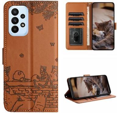 Inspired Deals Cute Cat Embossed Wallet Phone Case For Samsung Galaxy With Card Holder And Lanyard For Samsung Galaxy A53 brown