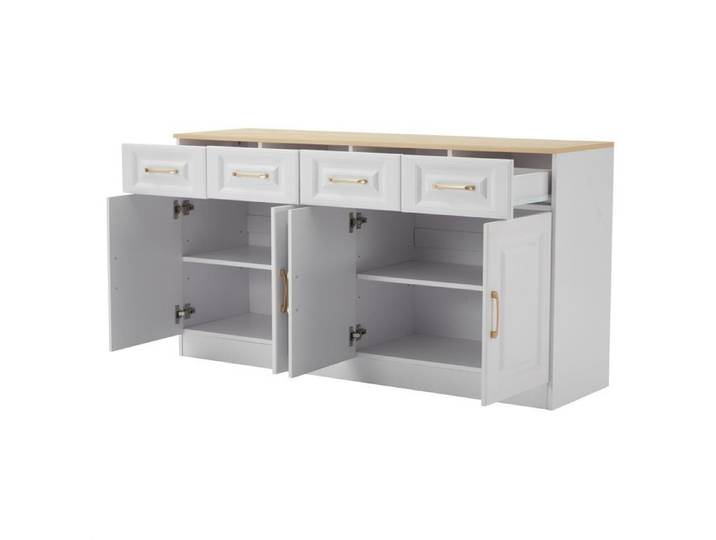 Buffet bas 140 cm - 4 tiroirs et 4 portes - blanc et aspect chene