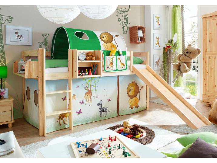 Hochbett TICAA Manuel , beige (kiefer massiv natur, safari), B:217cm H:114cm L:205cm, Hochbetten, Hochbett, Rollrost und Textil-Set wahlweise mit Matratze, Kiefer massiv natur