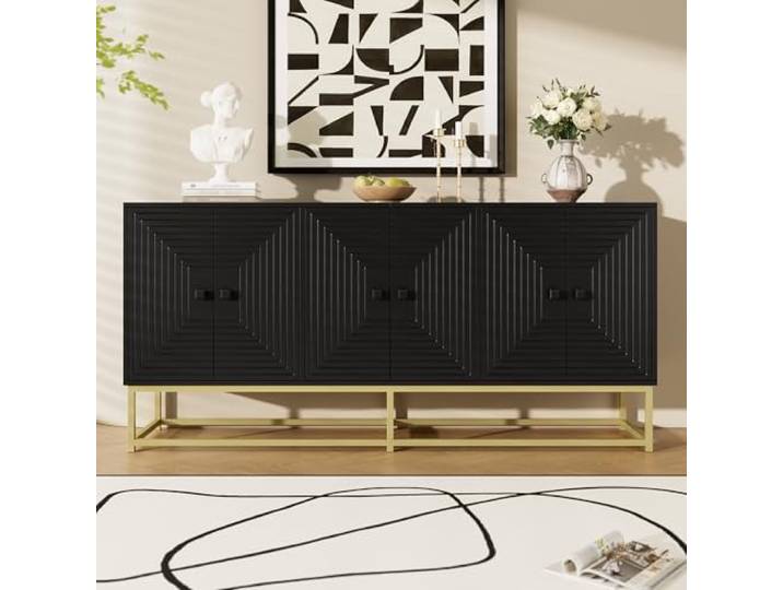 FammyLoft Sideboard-Schrank mit Großer Stauraum und 3 Doppeltüren, Wohnzimmerschränke mit Goldene Tischbeine, Aufbewahrungsschrank für Wohnzimmer, Esszimmer & Flur, 160 * 38 * 75,5cm, Schwarz