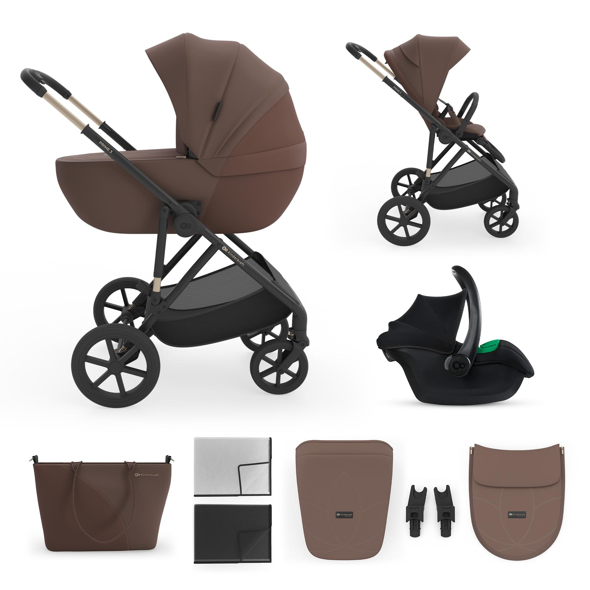 Kinderkraft PRIME 3 Kinderwagen 3-in-1 mit Babyschale MINK PRO 2, leicht faltbar große Räder, 8/12 Einhand-Faltung Travel System, Braun