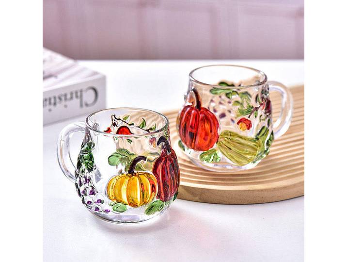 Ensemble de 2 tasses en verre cristal sans plomb, design citrouille peint en 3D, tasse à café résistante à la chaleur, tasse à lait pour le bureau et la maison