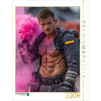 CALVENDO Puzzle Sexy Feuerwehrmann mit Sixpack im pinken Rauch | 2000 Teile Lege-Größe 90x67cm Foto-Puzzle für glückliche Stunden