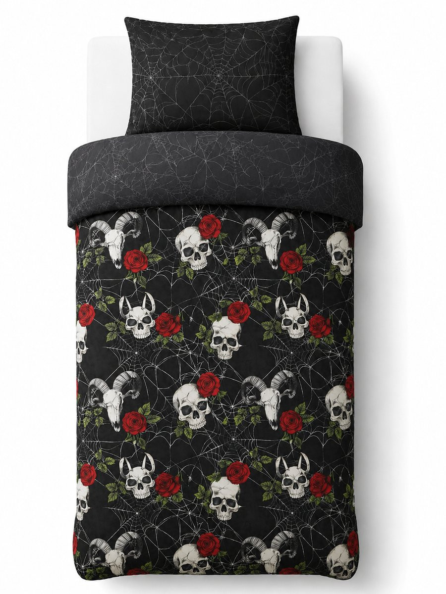 Decoware Dekbedovertrek Skulls & Roses 140x220 cm - Microvezel - Eenpersoons - Gothic & Dark Thema - Inclusief Kussensloop