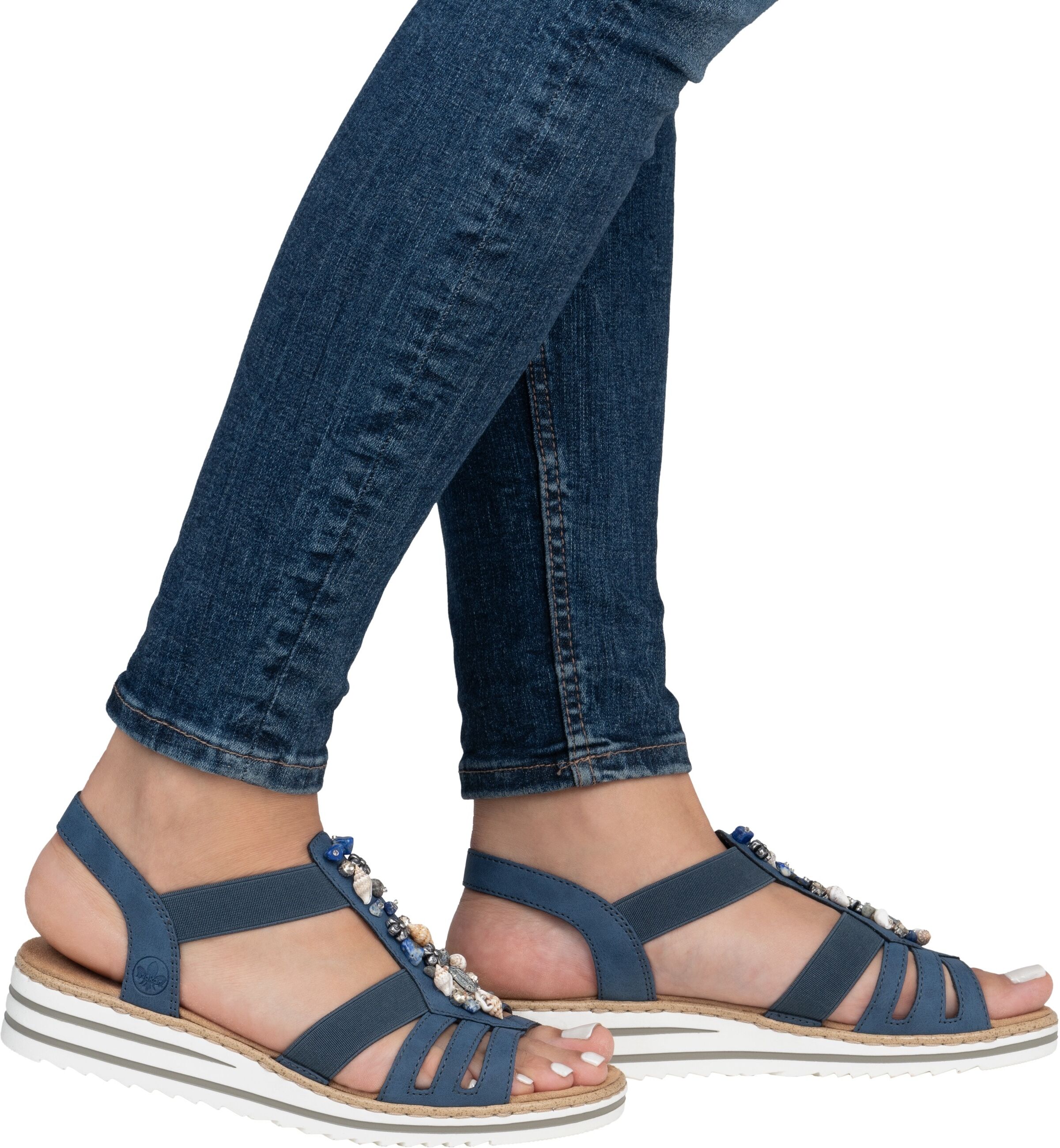 Sandale RIEKER, Damen, Gr. 42, Synthetik, blau (jeansblau), Lederimitat, Schuhe Sandale, Sommerschuh, Sandalette, Keilabsatz, mit sommerlicher Verzierung