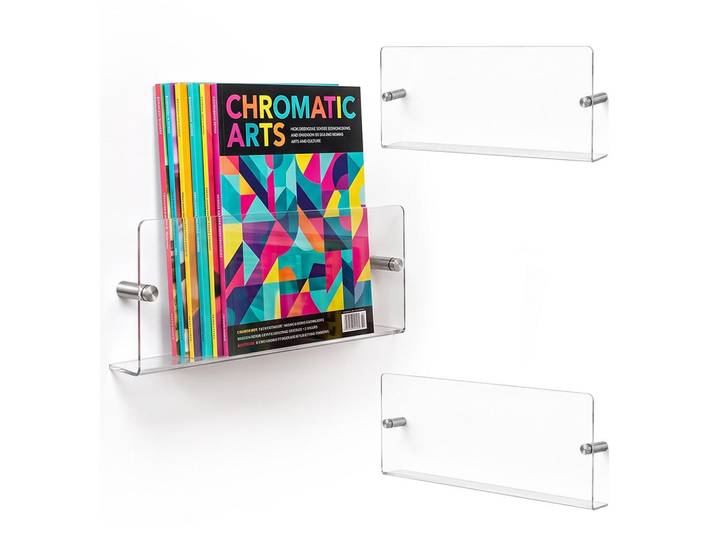Relaxdays Zeitschriftenhalter Transparent Silber 3er-Set für die Wand Acryl 68 cm, Kunststoff, 48x14.5x5.5 cm, Wohnzimmer, Regal, Wandregal