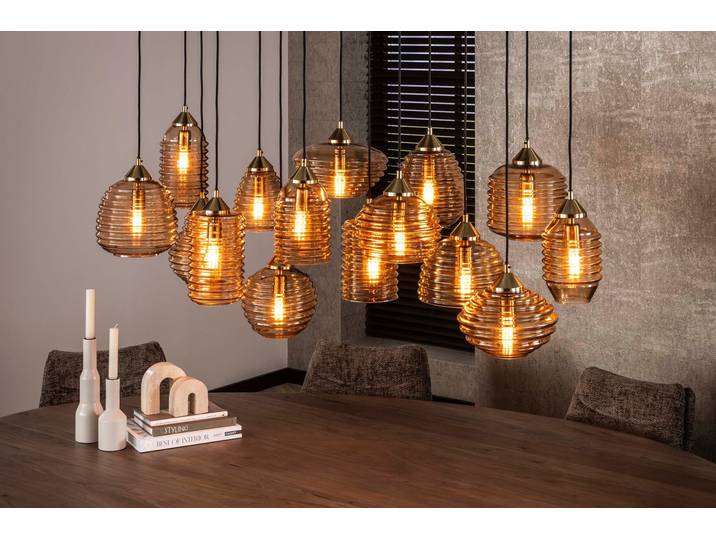 Pendelleuchte Solaro – mit 15 Leuchten im Rib-Glass Design und Bernsteinfarben - Bernstein - Luxusbetten24