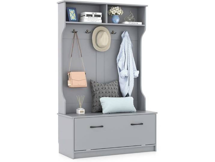GIANTEX Portemanteaux pour Entrée Meuble Entrée avec Banc Armoire de rangement 5 Crochets Doubles 100X40X160CM Gris