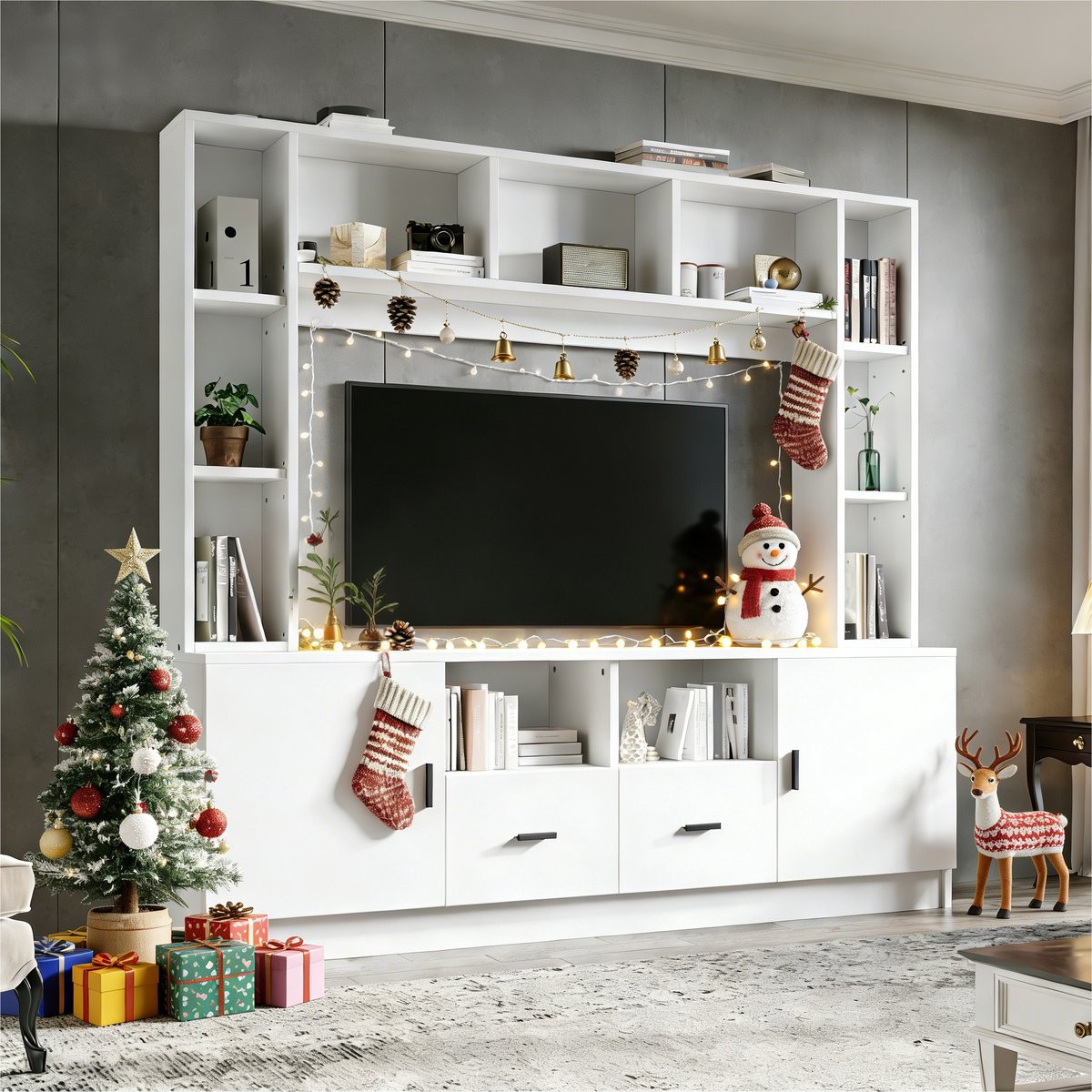 Sweiko TV-meubel Set met vitrinekast en 2 lades, Wit