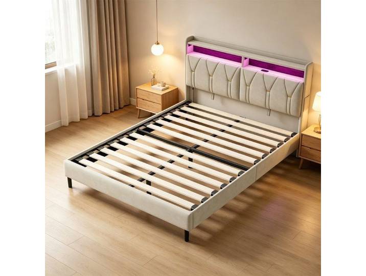 Lit Double 160x200 - Lit Capitonné - Tête de Lit Rembourrée - Structure en Bois - LED et USB Structure de lit KBAFZD