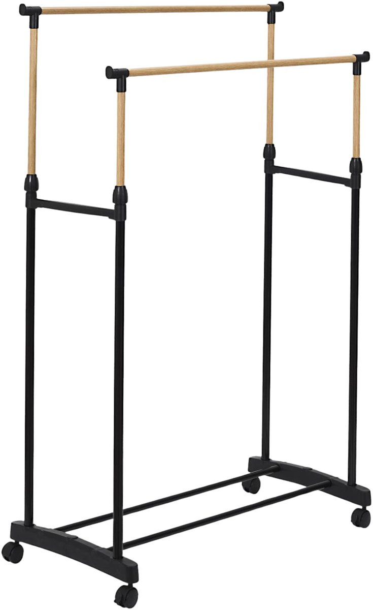 Home Deco Factory Verstelbaar Dubbel Kledingrek op Wielen - Zwart - 160 cm
