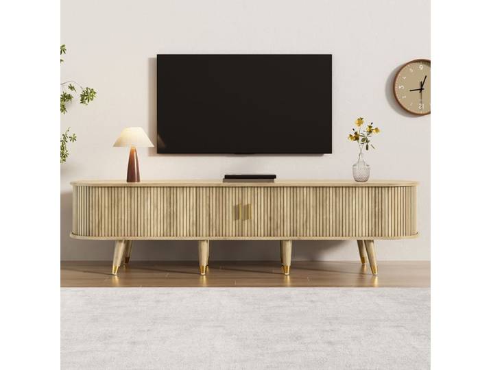 Meuble TV 175x38x45 cm LEMLIT Banc TV Salon Portes Coulissantes Tiroirs Niches Ouvertes Passe-Câbles Style Campagne - Chêne