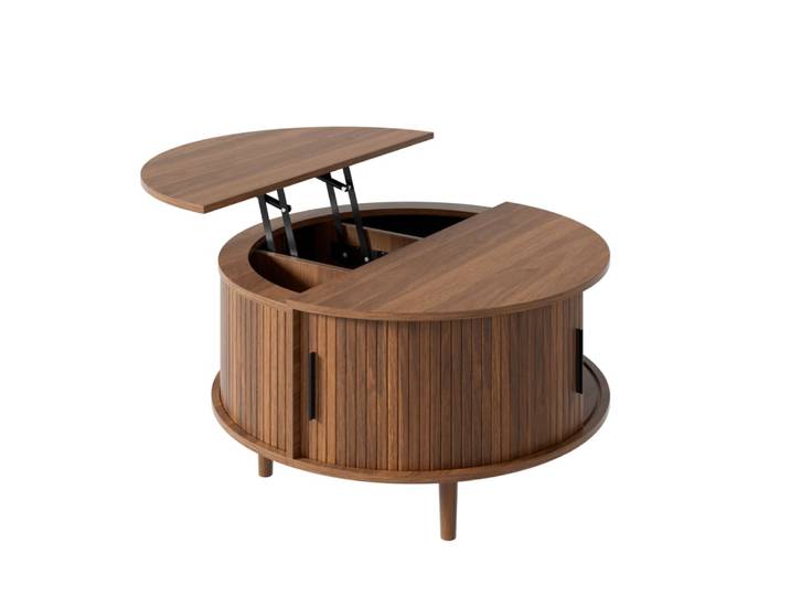 Table basse ronde relevable avec rangement 80x80x59 cm, noyer