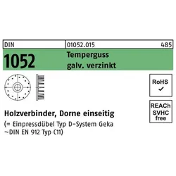 Holzverbinder, Holzverbinder DIN 1052 einseitig 65 x 17 x M16 Temperguss galvanisch verzinkt galv. verzinkt (Rundholzverbinder, 50 Stk.)