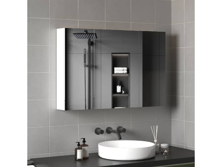 kleankin Armoire Salle de Bain Blanc 90x13.5x60cm avec Miroirs