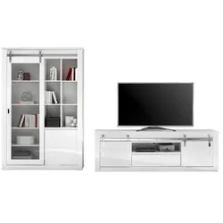 WOHNWAND weiß Hochglanz 2-teilig 349 x 201 cm, Wohnkombination inklusive LED-Beleuchtung, Soft-Close