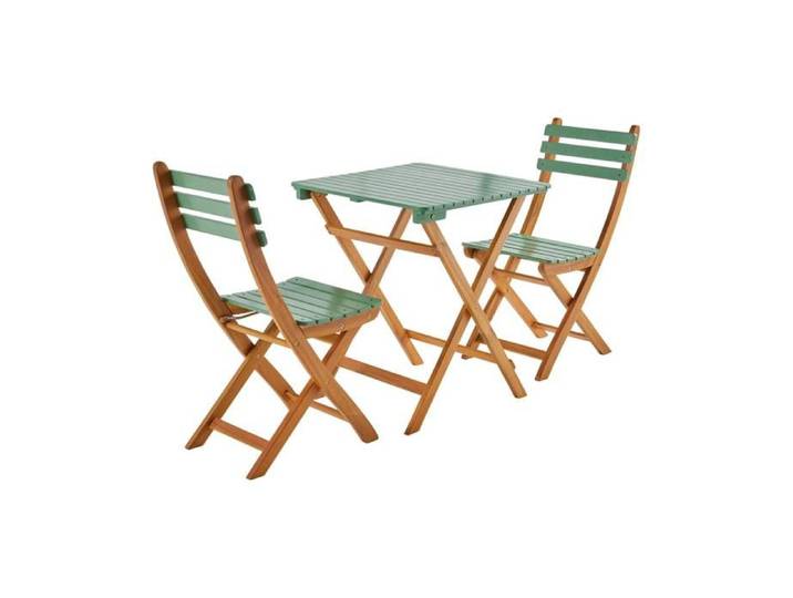 Table de jardin pliante bois d'acacia + 2 assises vert de gris HILORA . table carrée