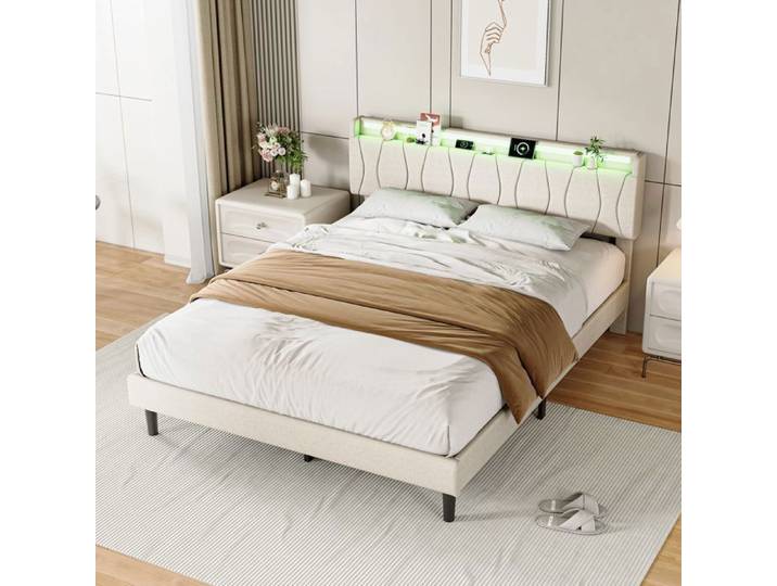 FOERPL-lit double 160x200 avec led lit capitonné 160x200 avec ports de recharge usb et type-c lit rembourré cadre de lit 160x200 led