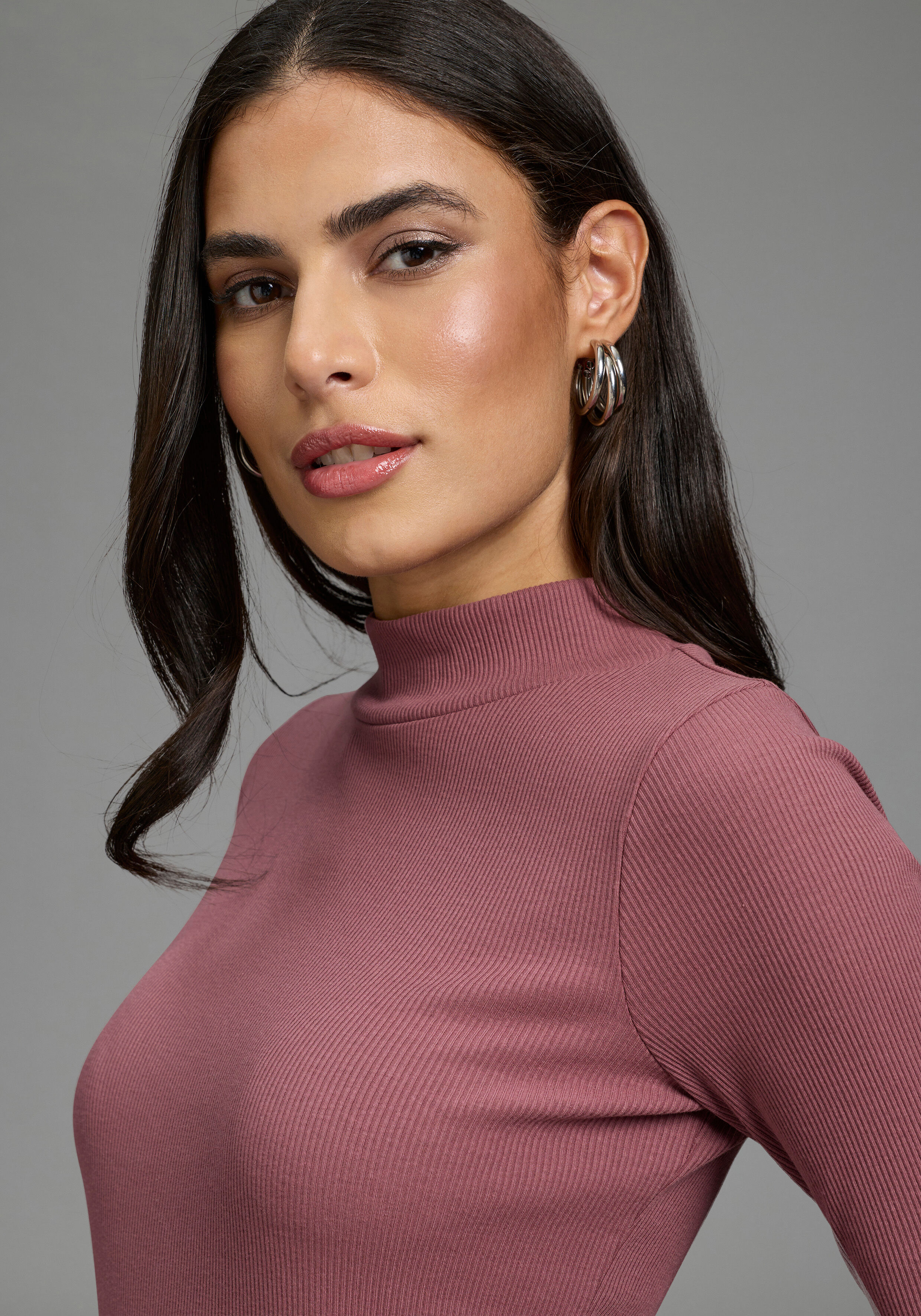 Langarmshirt AJC, Damen, Gr. 36, rosa (dunkelrosa), Rippware, Obermaterial: 60% Baumwolle, 40% Polyester, unifarben, Basic, sehr figurbetont, hoch geschlossener Ausschnitt, abgesteppte Kante, Shirts Langarmshirt, mit Stehkragen, sehr figurbetonte Passform
