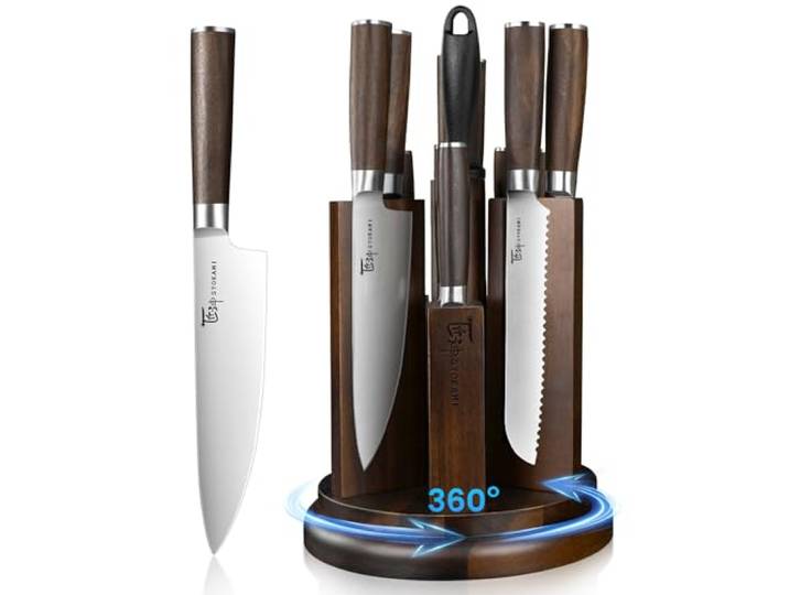 SYOKAMI 14-teiliges Küchenmesserset mit Magnetblock, Neu für 2026 360° drehbarer Block, japanisches Kochmesser- & Steakmesser-Set mit Messerschärfer, Holzgriff, Damastmuster