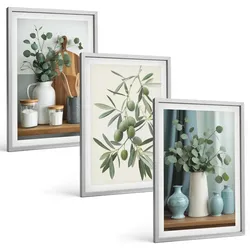 BILDER SET 3er Set - 40x60 cm Silberner Rahmen - Grüne Oliven, Eukalyptus