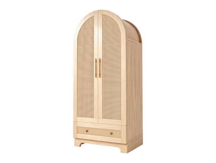 Armoire De Chambre 70x55x170cm Coloris Bois Double Porte Rotin Synthétique Tiroirs Et Compartiments De Rangement Pratiques