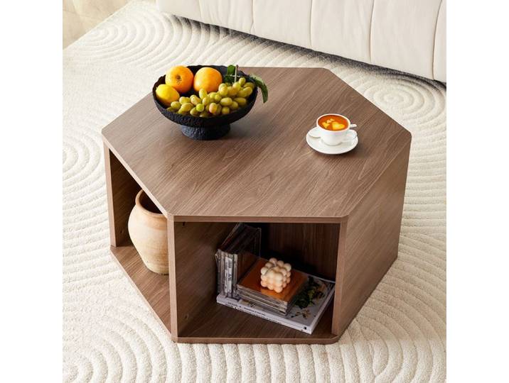 Table basse hexagonale multifonction AESVAR 79 x 69 4 x 40 cm MDF marron aspect bois