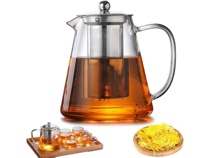 Teekanne mit Siebeinsatz 1300 ml Borosilikatglas hitzebeständig, Transparent, Glas, 16x16 cm, Geschirr, Kannen & Karaffen, Teekannen