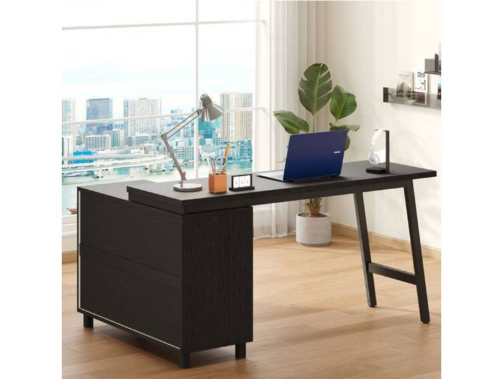Bureau D'Angle Noir Et Blanc Bureau Ordinateur Moderne FloraGrace Pour Bureau Et Etude 3 Tiroirs Et 2 Niches 150x100x76cm