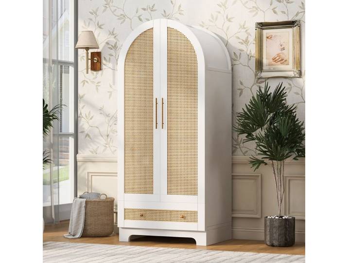 Armoire 70x55x170cm Double Porte Rotin Artificiel Blanc - Rangement Spacieux & Écologique
