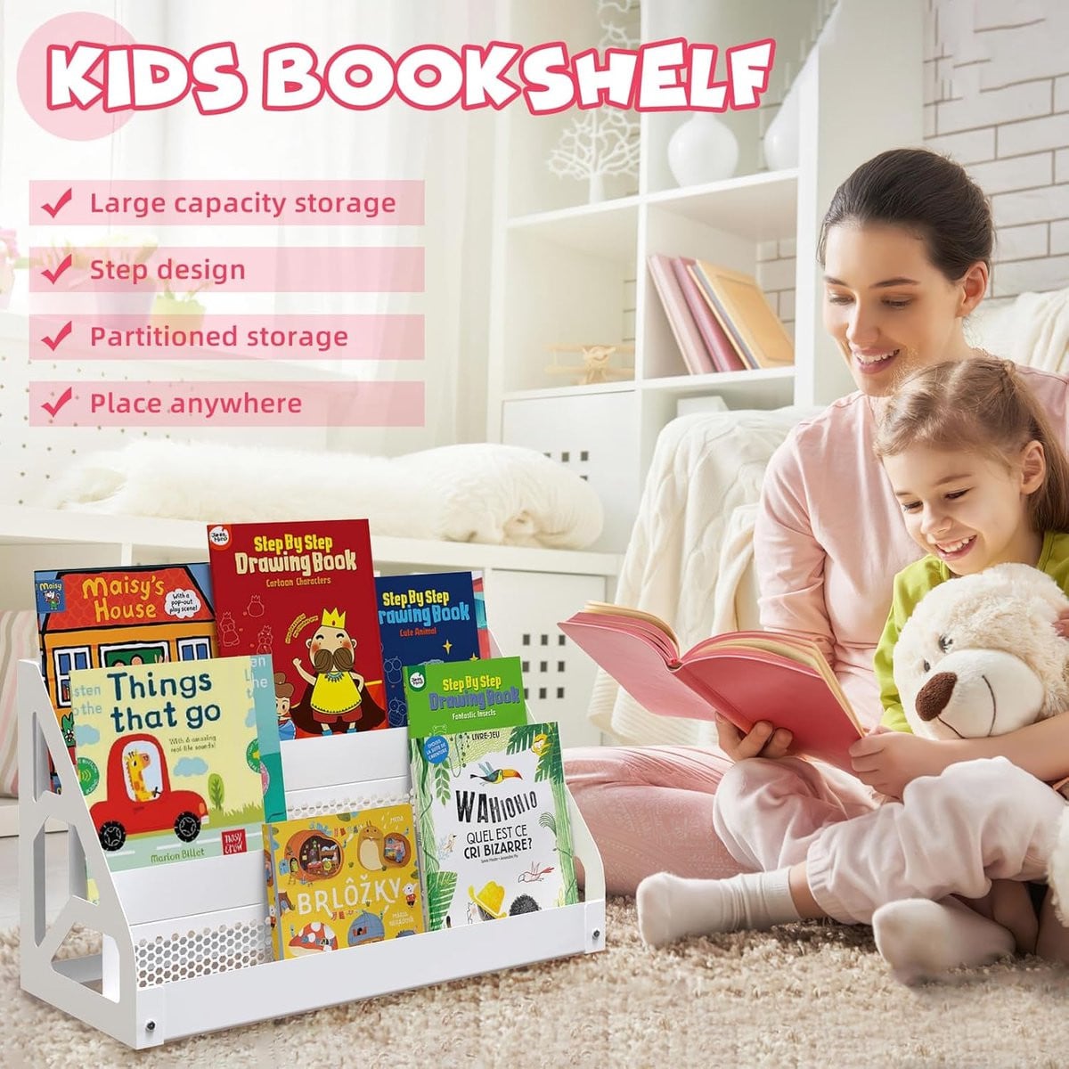 SnelShoppen Metalen Montessori boekenkast voor kinderen, 3-traps kinderrek, wit